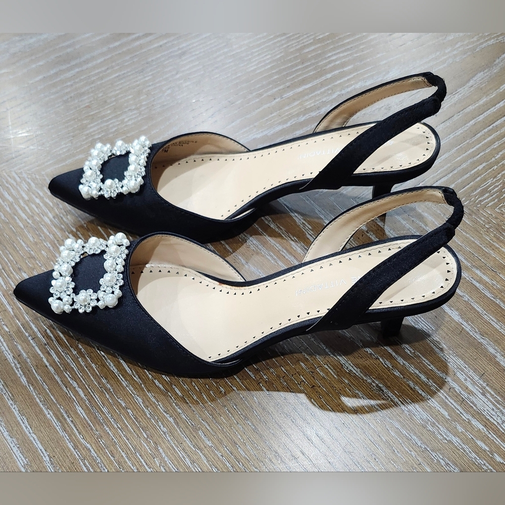 Adrienne Vittadini Black Satin Slingback Heels with Pearl Embellishment